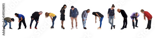 group of people looking for something on the ground on white background