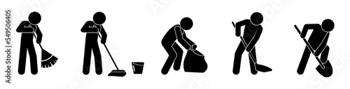 janitor icon, housework, stick figure man washes and sweeps, hand labor illustration, stick figure people