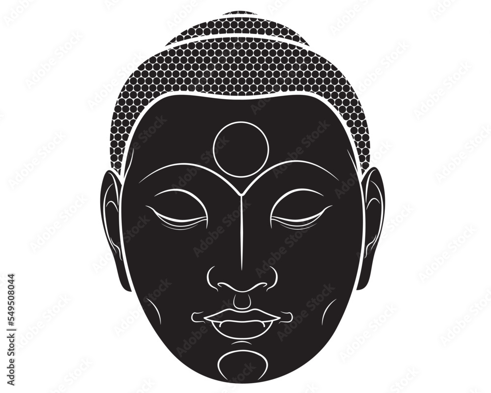 Black silhouette of Buddha face isolated on white. Esoteric vintage vector illustration. Indian, Buddhist, spiritual art.
