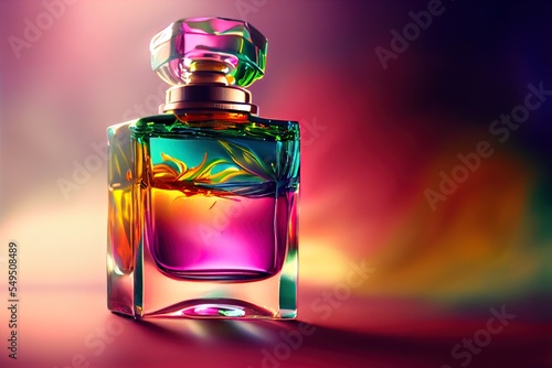  a colorful bottle of perfume on a colorful background with a reflection of light on the bottle and the bottle is empty. Generative AI