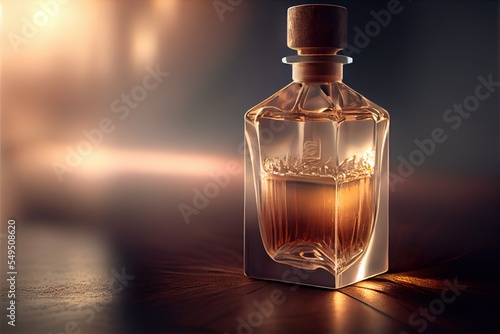  a bottle of perfume sitting on a table with a light shining on it's side and a blurry background. Generative AI