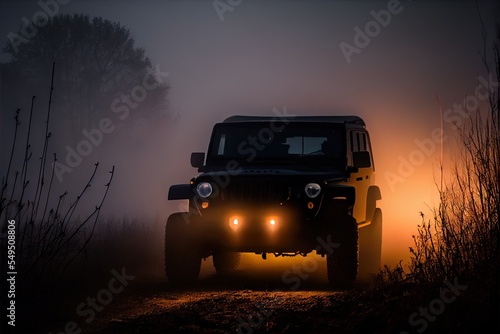  a jeep driving down a road in the foggy night time with headlights on the front of the vehicle. Generative AI photo