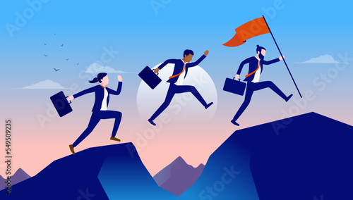 Business moving forward - Businesspeople running on mountaintop with flag eager for reaching goal and success. Flat design vector illustration