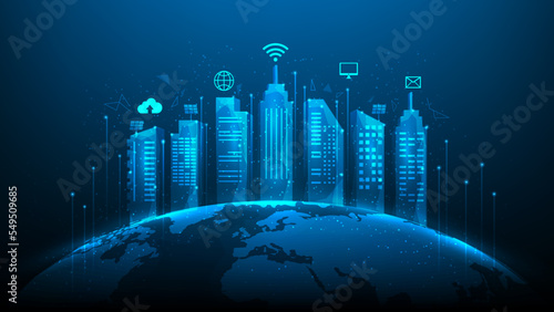 smart city building technology on global. network connection and intelligent city on blue dark background. vector illustration fantastic hi tech. iot digital transformation.internet of things concept.