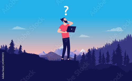 Work question - Man standing with laptop alone feeling lost with question mark, scratching head ready to ask questions. Vector illustration 
