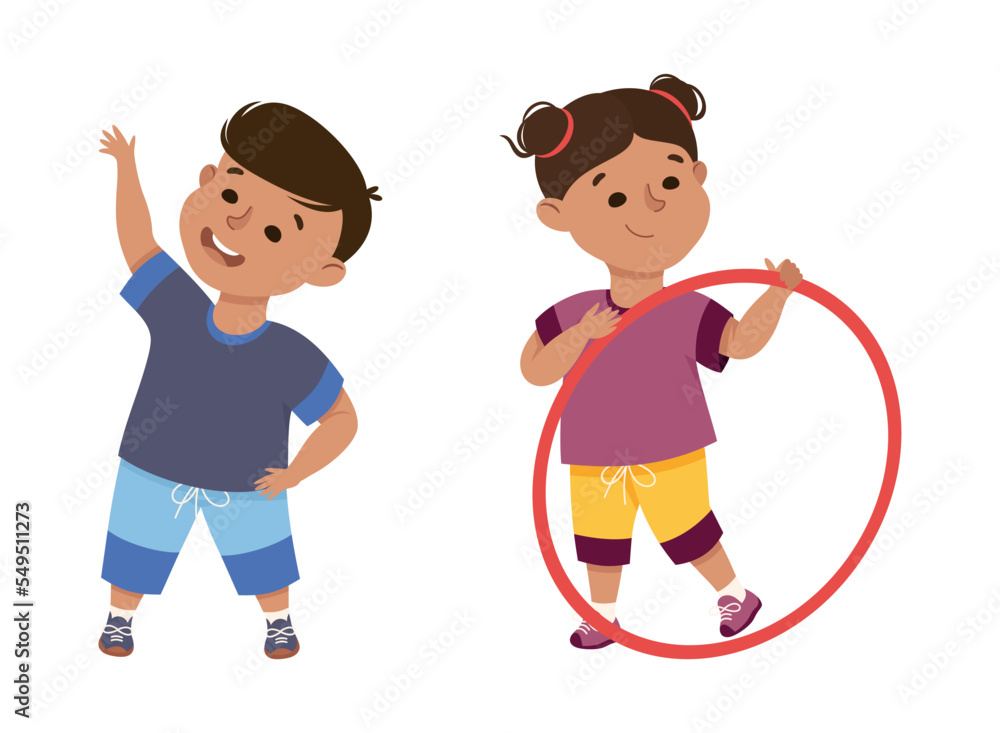Little Boy and Girl Engaged in Physical Education at School Vector Set Little Boy and Girl Engaged in Physical Education at School Vector Set