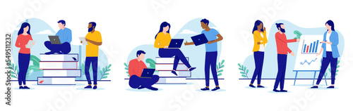 Teamwork collection - Set of vector illustrations of people working in teams on white background
