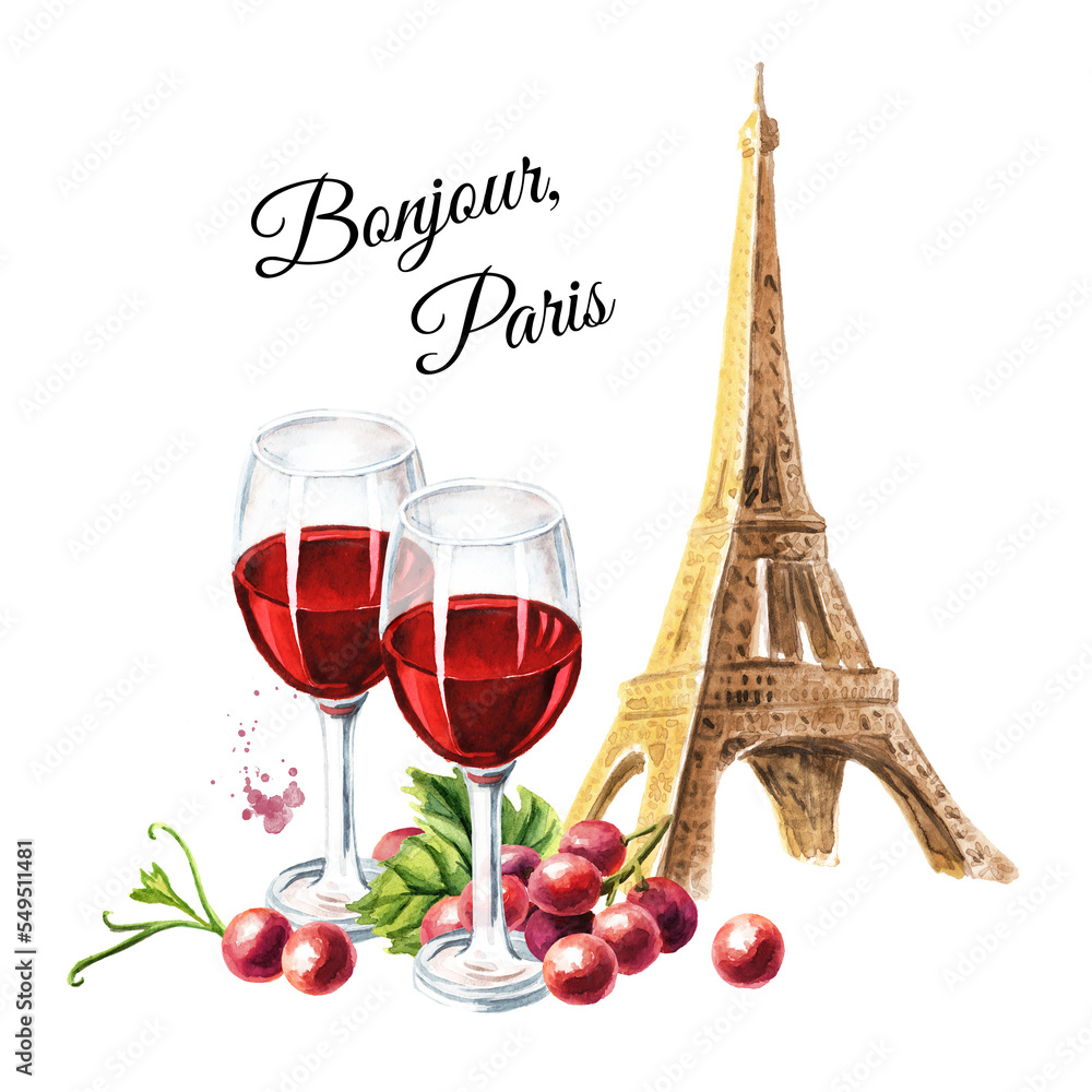 Eiffel Tower and glass of wine. to France card concept. Hand