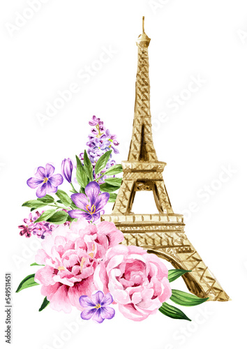 Photography Eiffel Tower and bouquet of flowers