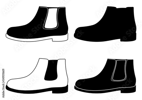 Set of outline black and white silhouette of men's boots сhelsea. Male shoes model. Isolated vector