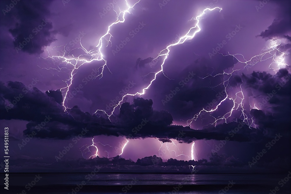 a purple sky with a large amount of lightning in it and a boat in the ...