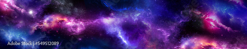 Space scene with planets, stars and galaxies. Panorama. Horizontal view for a glass panels (skinali). Template banner