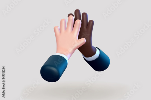 3D cartoon high five gesture: black and white hands clapping. Concept of business success, friendship and teamwork. Emoji icon of clap businessman's hands on light background. Vector illustration.