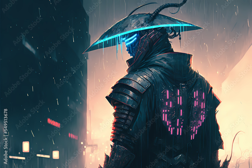 Futuristic Samurai Potrait Standing In Cyberpunk Science Fiction City 