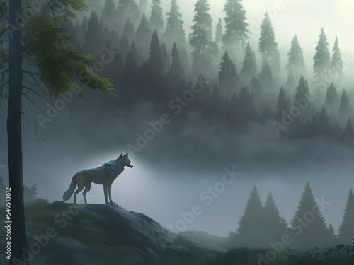 A lone wolf in the foggy woods, digital illustration