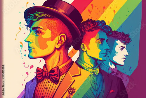 Three person in rainbow colors  pop art illustration