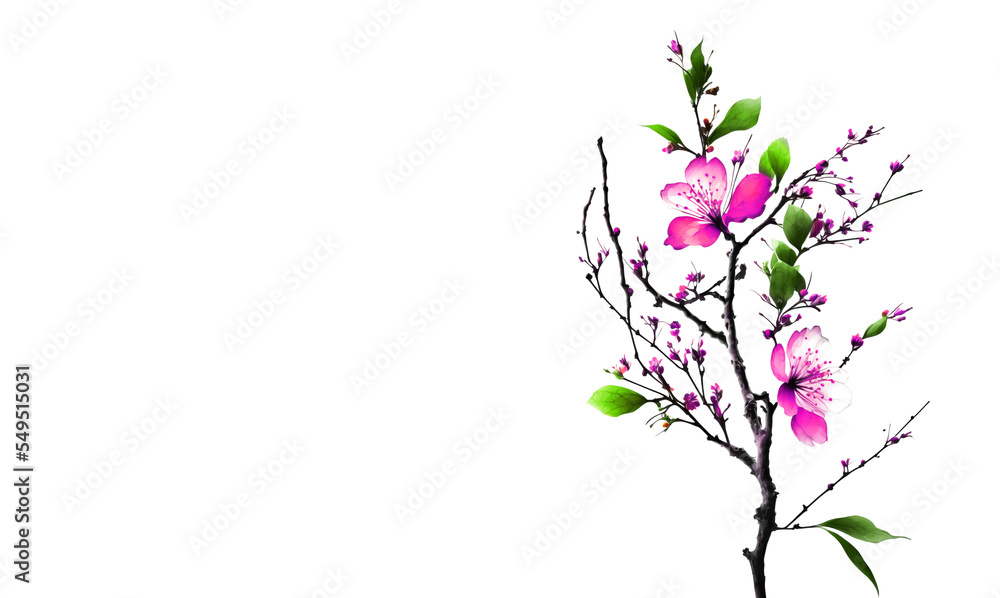 Blooming sakura tree branch on white background. Spring blossom illustration. Pink flowers blossom on a sakura tree branch on white background. Blooming sakura tree branch on white background. Spring blossom illustration. Pink flowers blossom on a sakura tree branch on white background.