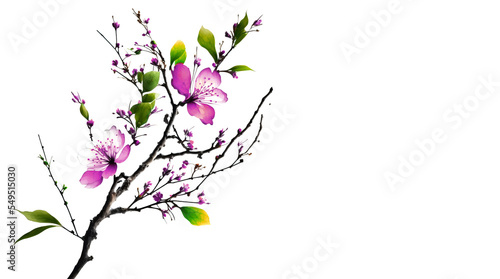 Blooming sakura tree branch on white background. Spring blossom illustration. Pink flowers blossom on a sakura tree branch on white background.