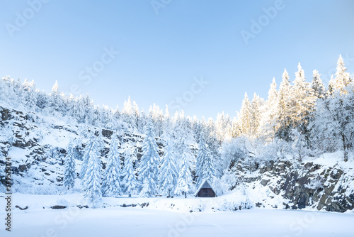 Idyllische Winterlandschaft im Thüringer Wald - verschneiter Bergsee mit Hütte an der Ebertswiese - Rennsteig 