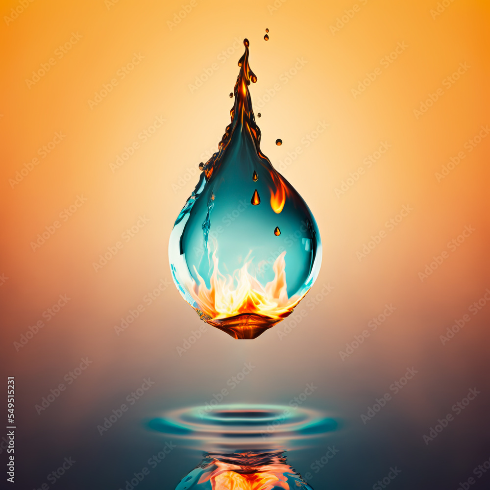 Water and fire connection, representation of elements. Drop of water