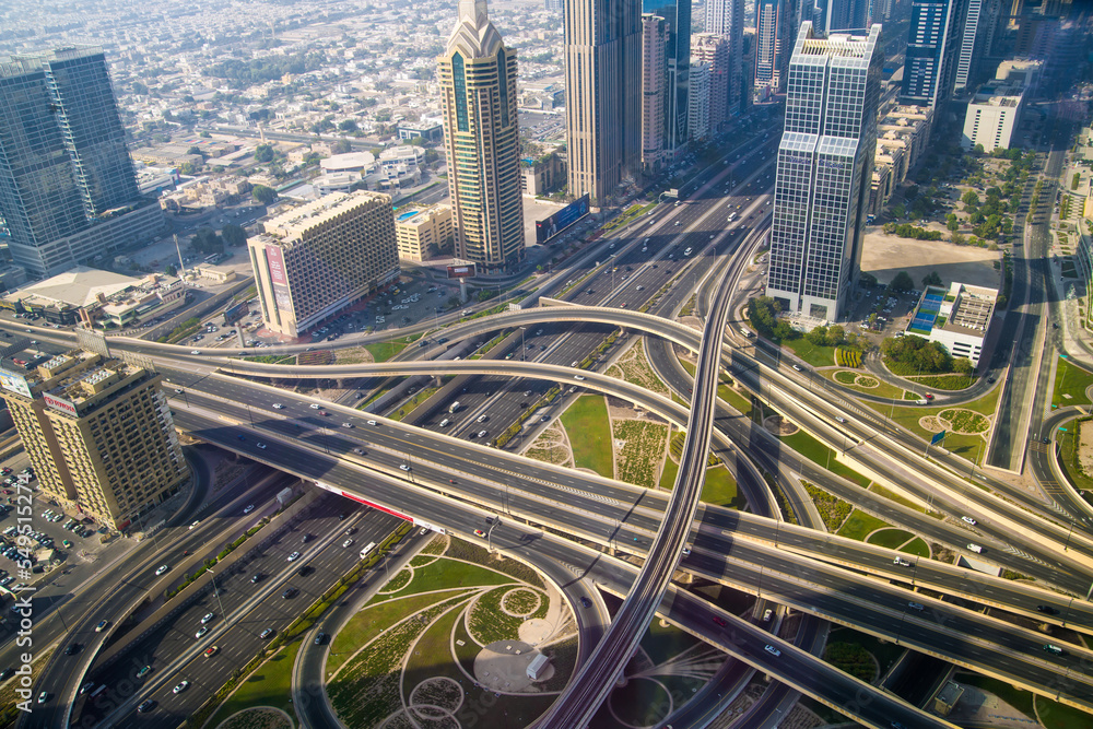 Dubai city view, Sheik Zayed Road main junction with cars and tube line
