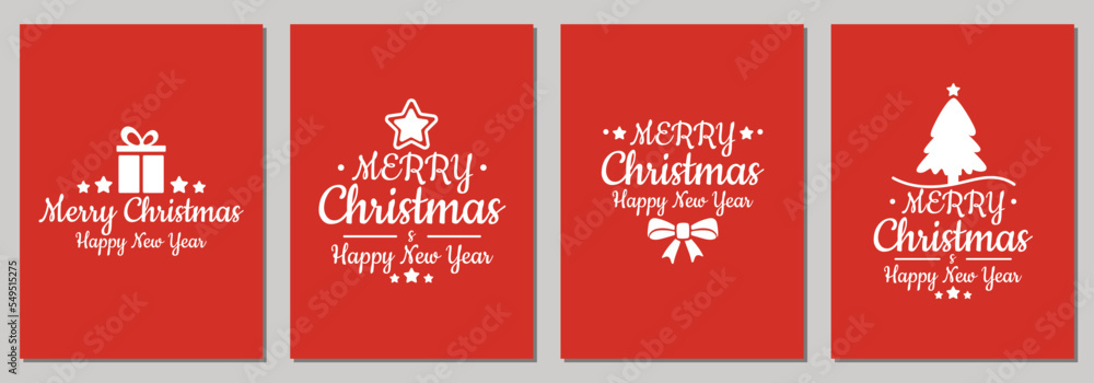 Christmas cards with text happy new year and christmas with new year tree, gift box, xmas decorations and typography design. Red and white color. Vector illustration. Christmas cards with text happy new year and christmas with new year tree, gift box, xmas decorations and typography design. Red and white color. Vector illustration.