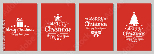 Christmas cards with text happy new year and christmas with new year tree  gift box  xmas decorations and typography design. Red and white color. Vector illustration.