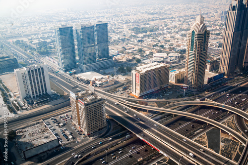 Dubai city view, Sheik Zayed Road main junction with cars and tube line