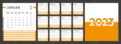 2023 calendar vector design template, simple and clean design. Calendar in German with space for notes. The week starts on Monday.