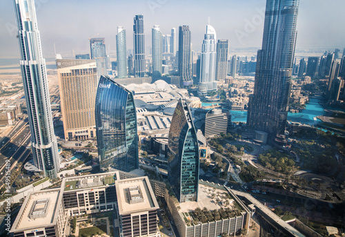 Dubai city view at sunset. Famous skyscrapers along the Sheik Zayed Road