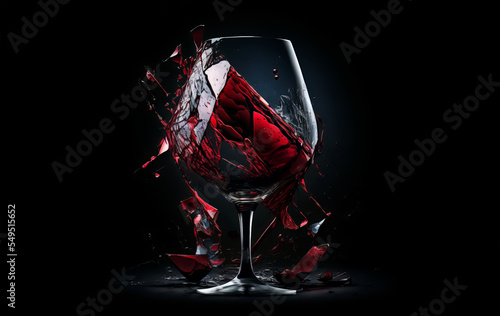 Broken wineglass on black background. Shattered wine glass with red wine. Red vine splash out broken glass. Generative AI broken wine glass illustration.