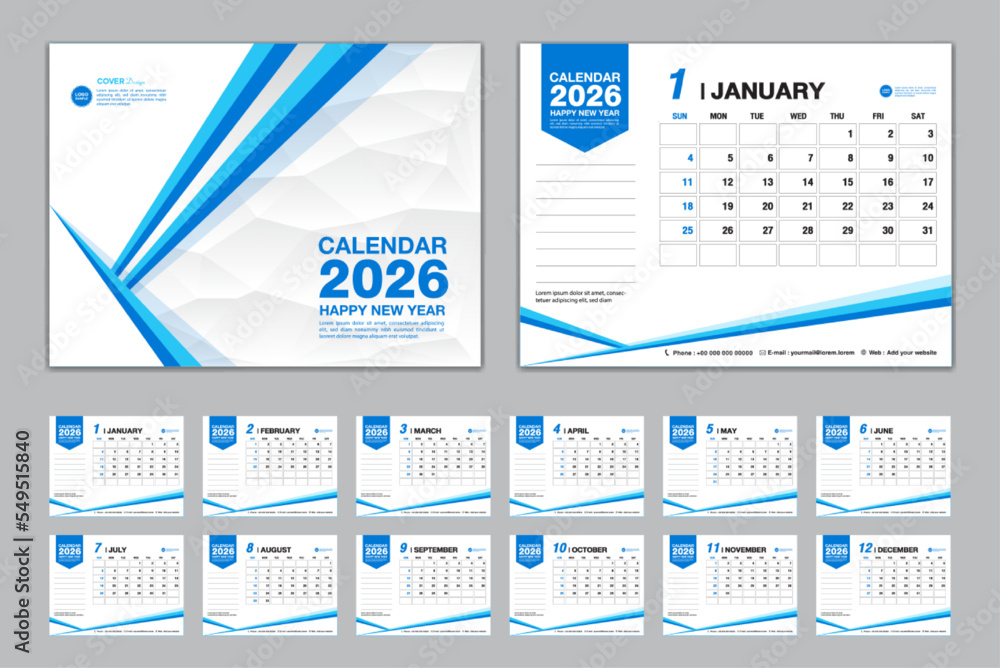 Calendar 2026 template set vector, Week starts Sunday, set of 12 month