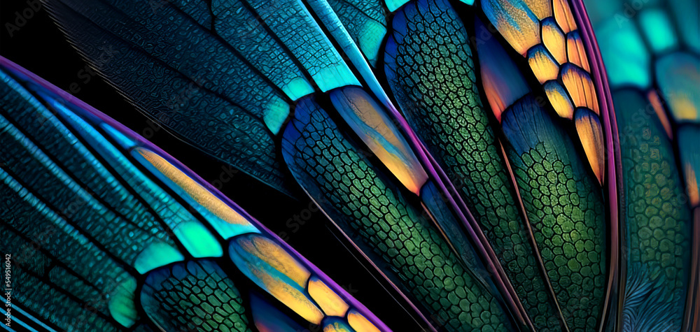 Rainbow color dragonfly wings background. Dragonfly wing close up. Dragonfly wing close up texture. - obrazy, fototapety, plakaty 