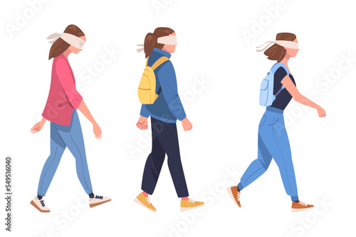 Woman Character Wearing Blindfold Following Someone Trusting and Having Faith in Something Vector Set