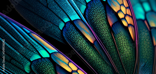 Rainbow color dragonfly wings background. Dragonfly wing close up. Dragonfly wing close up texture. © Sergie