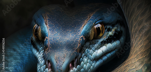 Deadly blue snake looking into the camera. Exotic snake look at you. Snake eyes. Reptile predator. Agressive snake face close up.