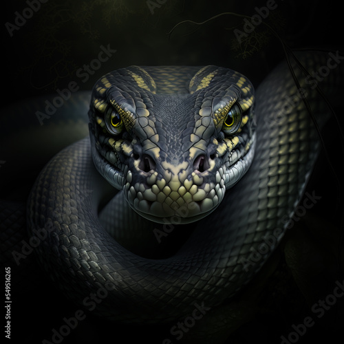 Deadly black snake looking into the camera. Exotic snake look at you. Snake eyes. Reptile predator. Agressive snake face close up.