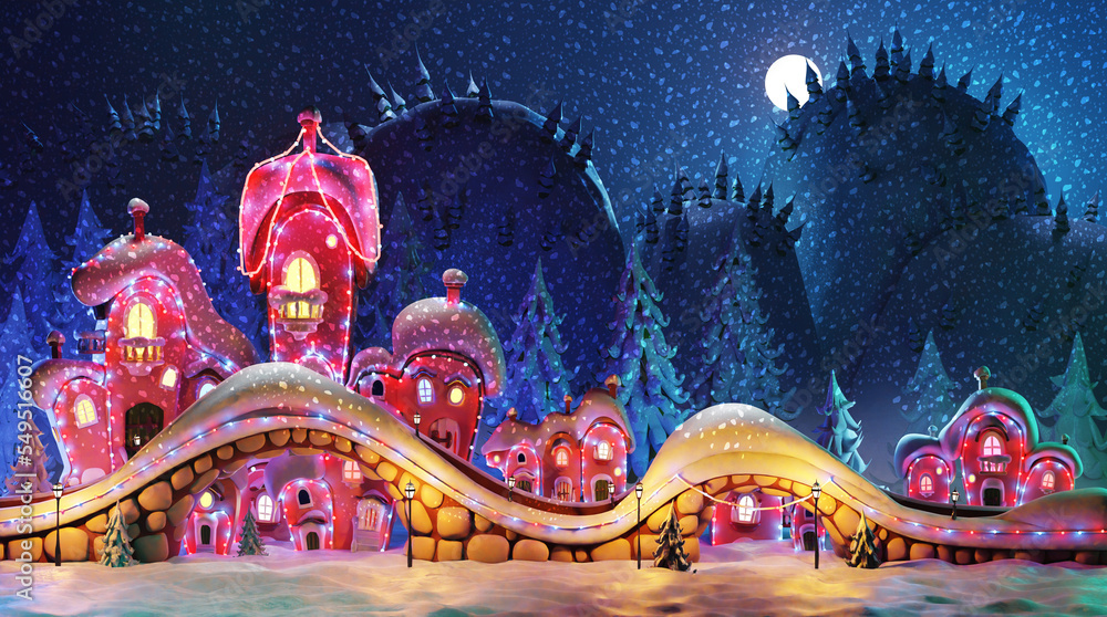 Fairy village at winter. Cartoon Christmas scene. Lots of houses are decorated with  lights