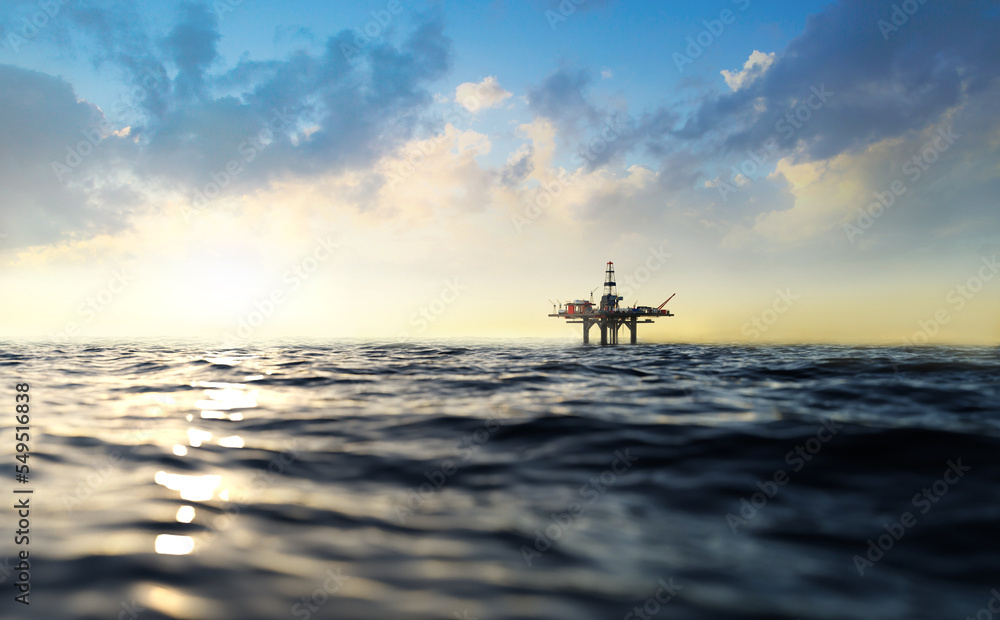 Oil platform in the sea at sunset. Oil mining  concept