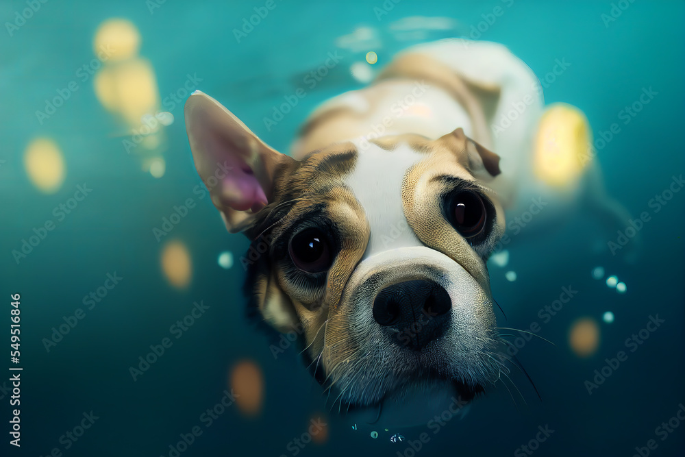 Underwater funny photo of golden labrador retriever puppy in swimming pool play with fun - jump, dive deep down. Activities, training classes with family pets. Popular dog breeds on summer vacation