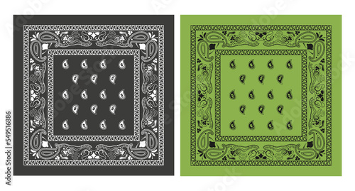 Gray and green bandana kerchief paisley fabric patchwork abstract vector pattern 