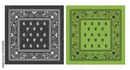Gray and green bandana kerchief paisley fabric patchwork abstract vector pattern	