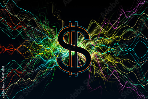 Creative colorful lines metaverse with dollar sign on black background. Digital world  nft and cyberspace concept. 3D Rendering.