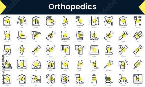 Set of thin line orthopedics Icons. Line art icon with Yellow shadow. Vector illustration