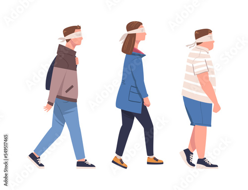 Man and Woman Character Wearing Blindfold Following Someone Trusting and Having Faith in Something Vector Set