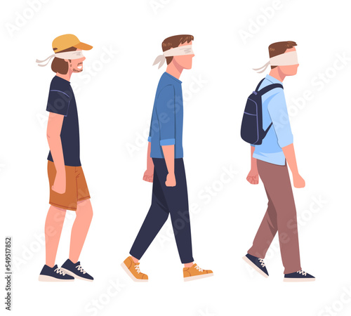 Man Character Wearing Blindfold Following Someone Trusting and Having Faith in Something Vector Set