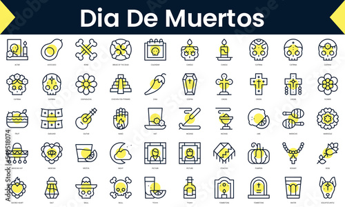 Set of thin line dia de muertos Icons. Line art icon with Yellow shadow. Vector illustration