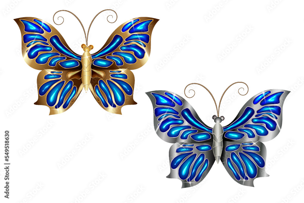 Vector gold and silver jeweled butterflies. White background. Vector gold and silver jeweled butterflies. White background.