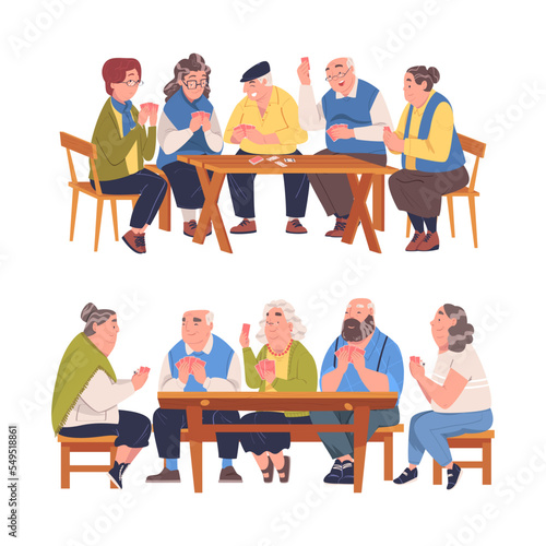 Senior Man and Woman Friends Playing Cards Game Sitting on Bench at Table Vector Set