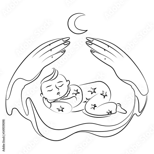 Sleeping baby with mother's hands above him and a month Line drawing,emblem, logo template in simple linear style vector graphics.Child care, motherhood and childbearing concept.Print,tattoo,greeting